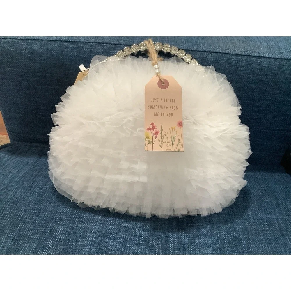 Badgley Mischka Jewel Jazzie Layered Tulle Pouch Clutch White Ruffled Handbag